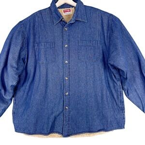 Wrangler Jacket Mens XL‎ Blue Sherpa Lined Denim Shirt Jacket Shacket Pockets